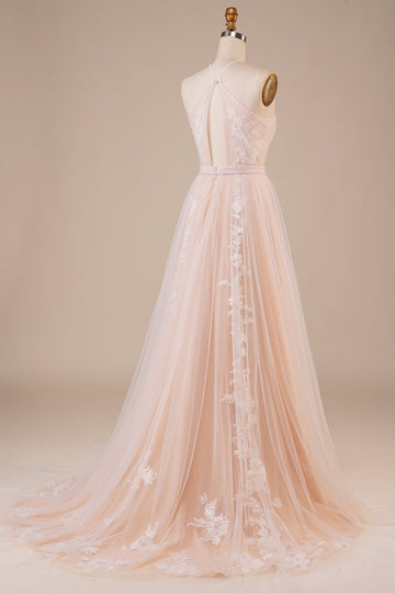 Tulle Halter Nøkkelhull Champagne brudekjole med applikasjoner